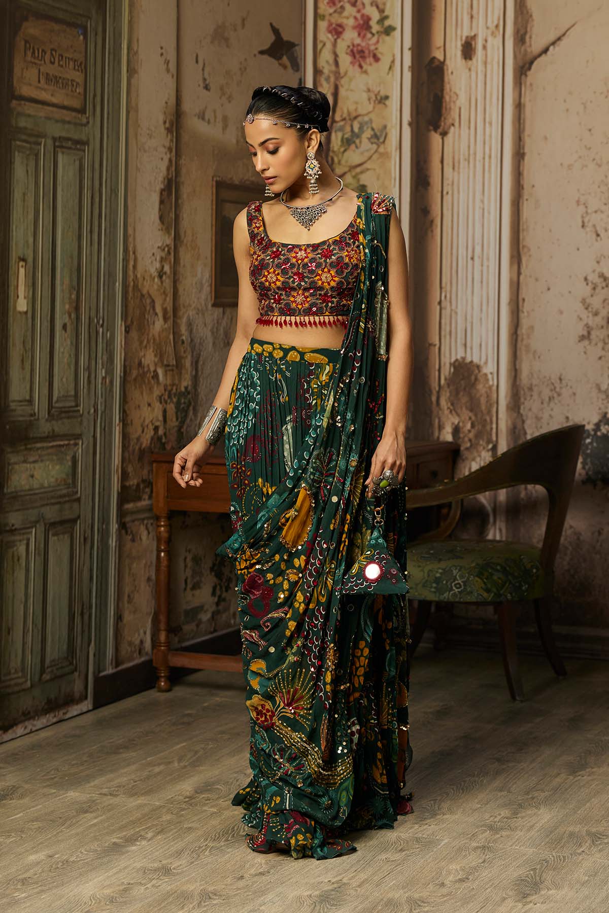 DARK GREEN PRINTED AND HIGHLIGHTED TIERED SKIRT SAREE SET