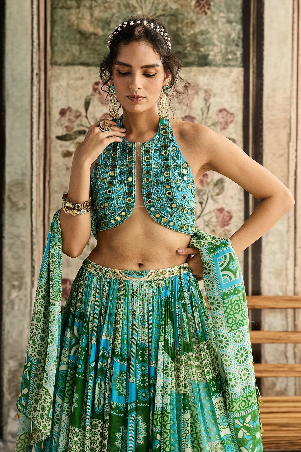 Aqua Embroidered Blouse And Aqua Print And Highlighted Lehenga Set