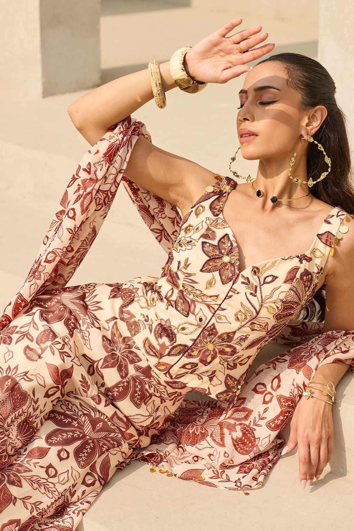 IVORY & MAROON FLORAL PRINTED CO-ORD SET
