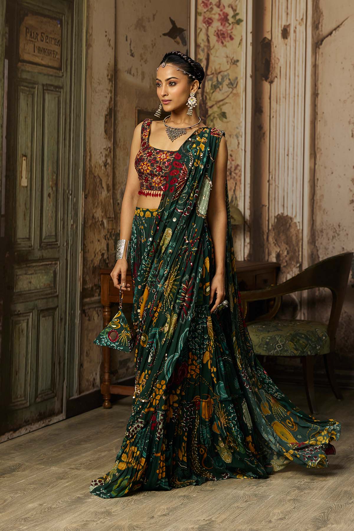 DARK GREEN PRINTED AND HIGHLIGHTED TIERED SKIRT SAREE SET