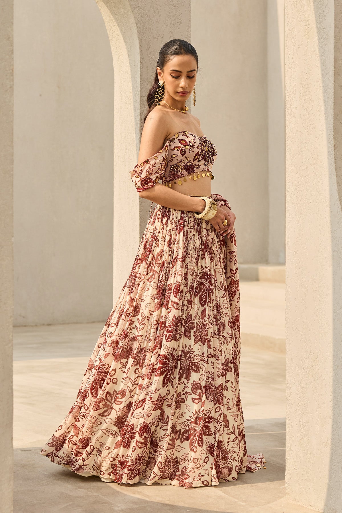 IVORY & MAROON FLORAL PRINTED LEHENGA SET - Ready To Ship