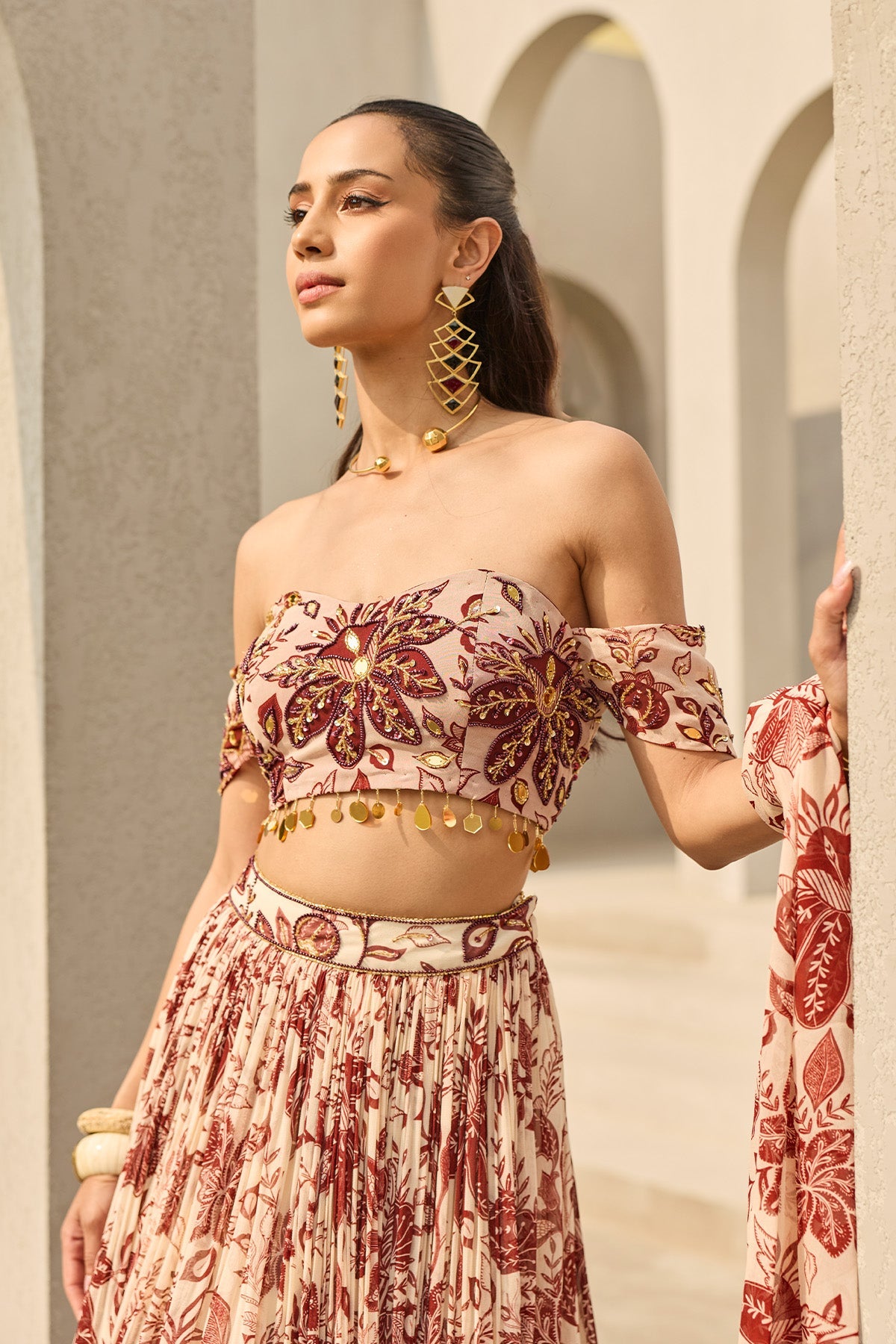 IVORY & MAROON FLORAL PRINTED LEHENGA SET - Ready To Ship