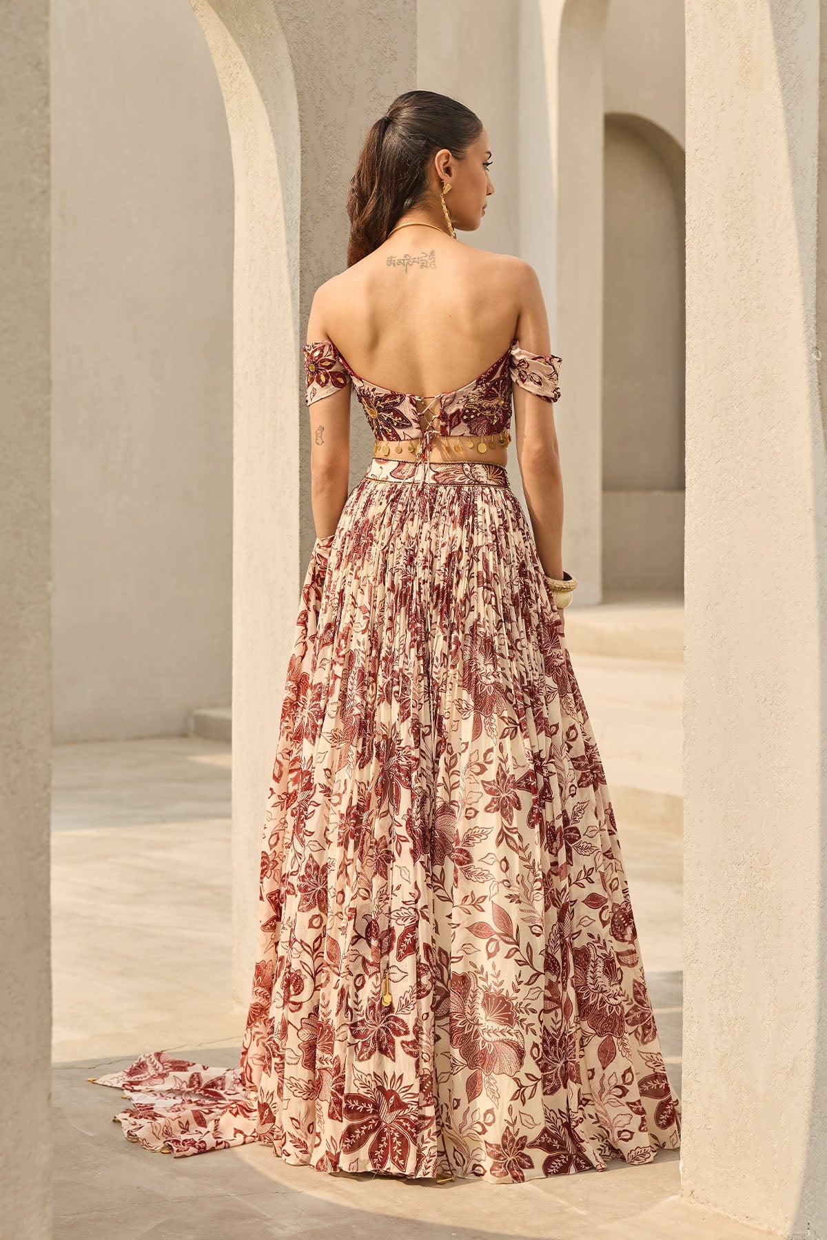 IVORY & MAROON FLORAL PRINTED LEHENGA SET - Ready To Ship