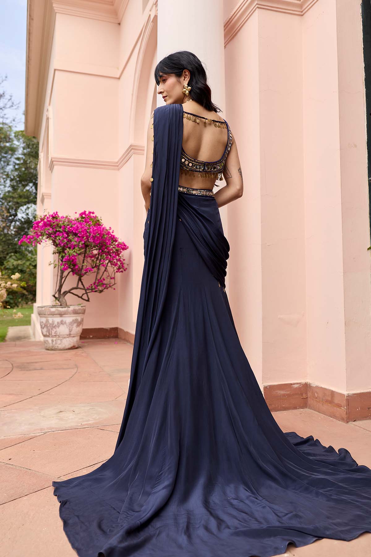 Midnight Blue Solid Trail Saree