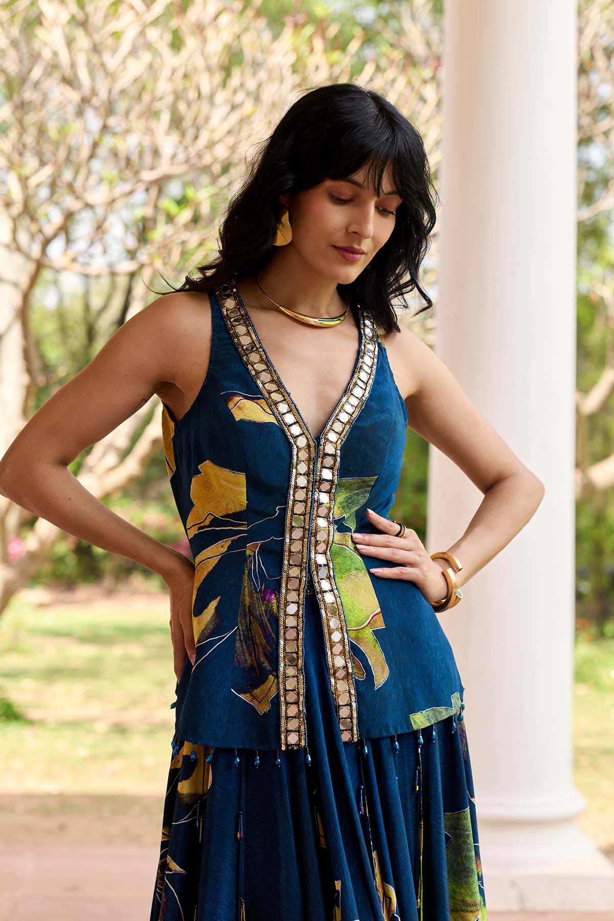 Navygold Floral Printed Lehenga Set