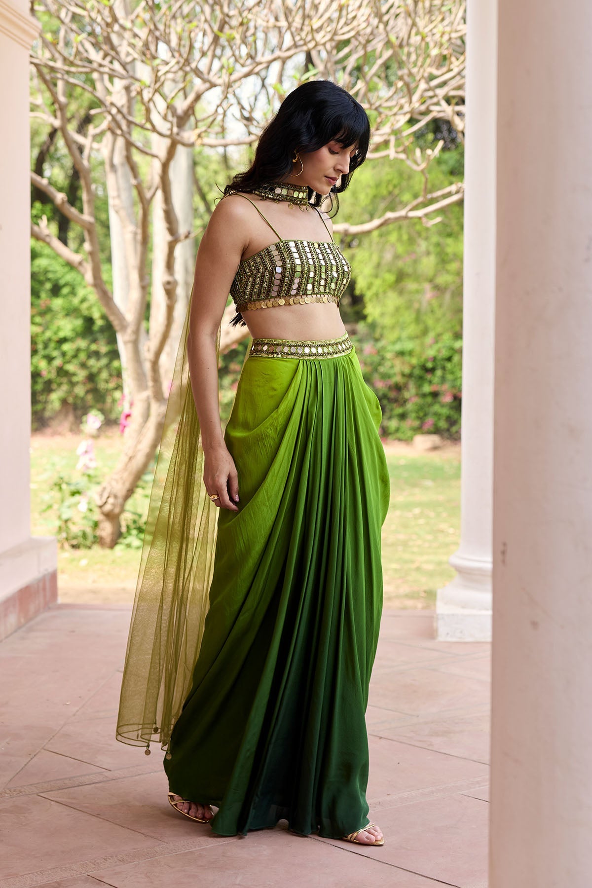 Algae Green Ombre Dhoti Skirt Set