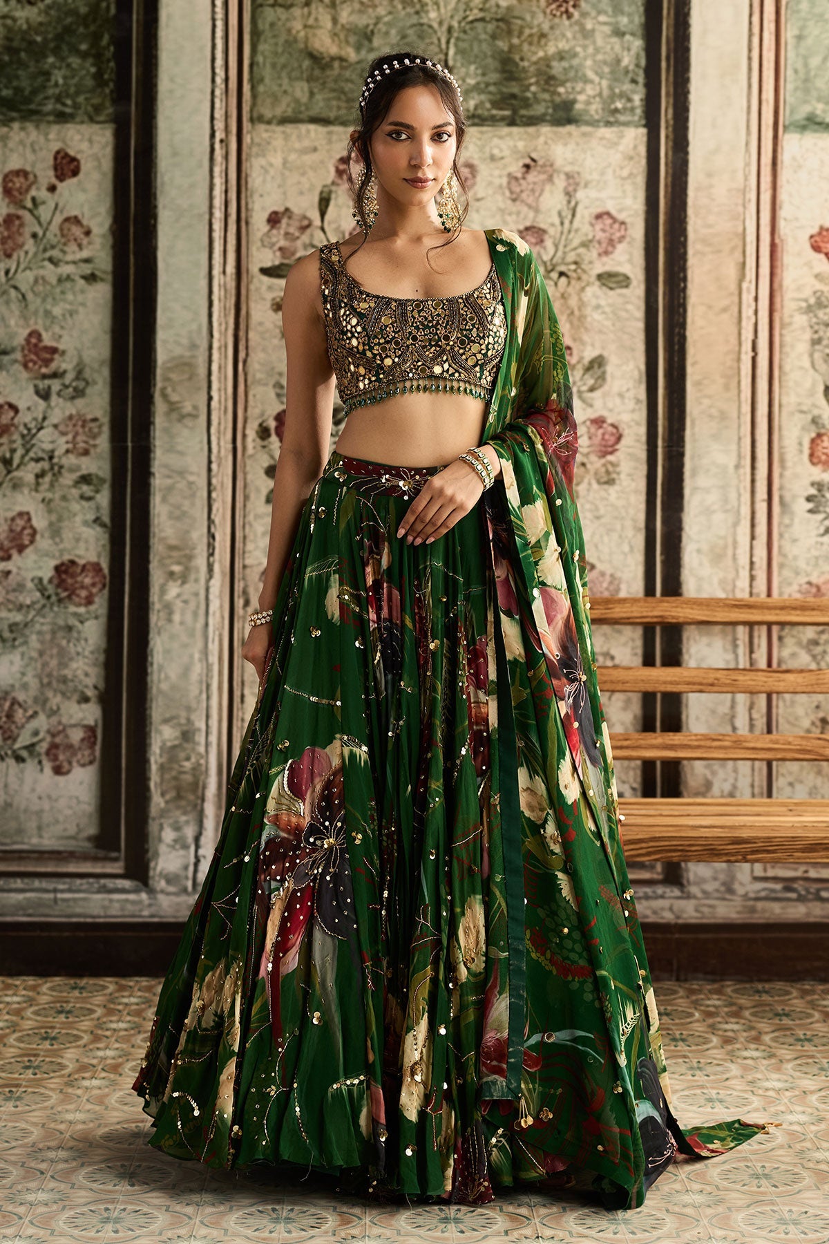 Green Floral Print And Highlighted Lehenga Set