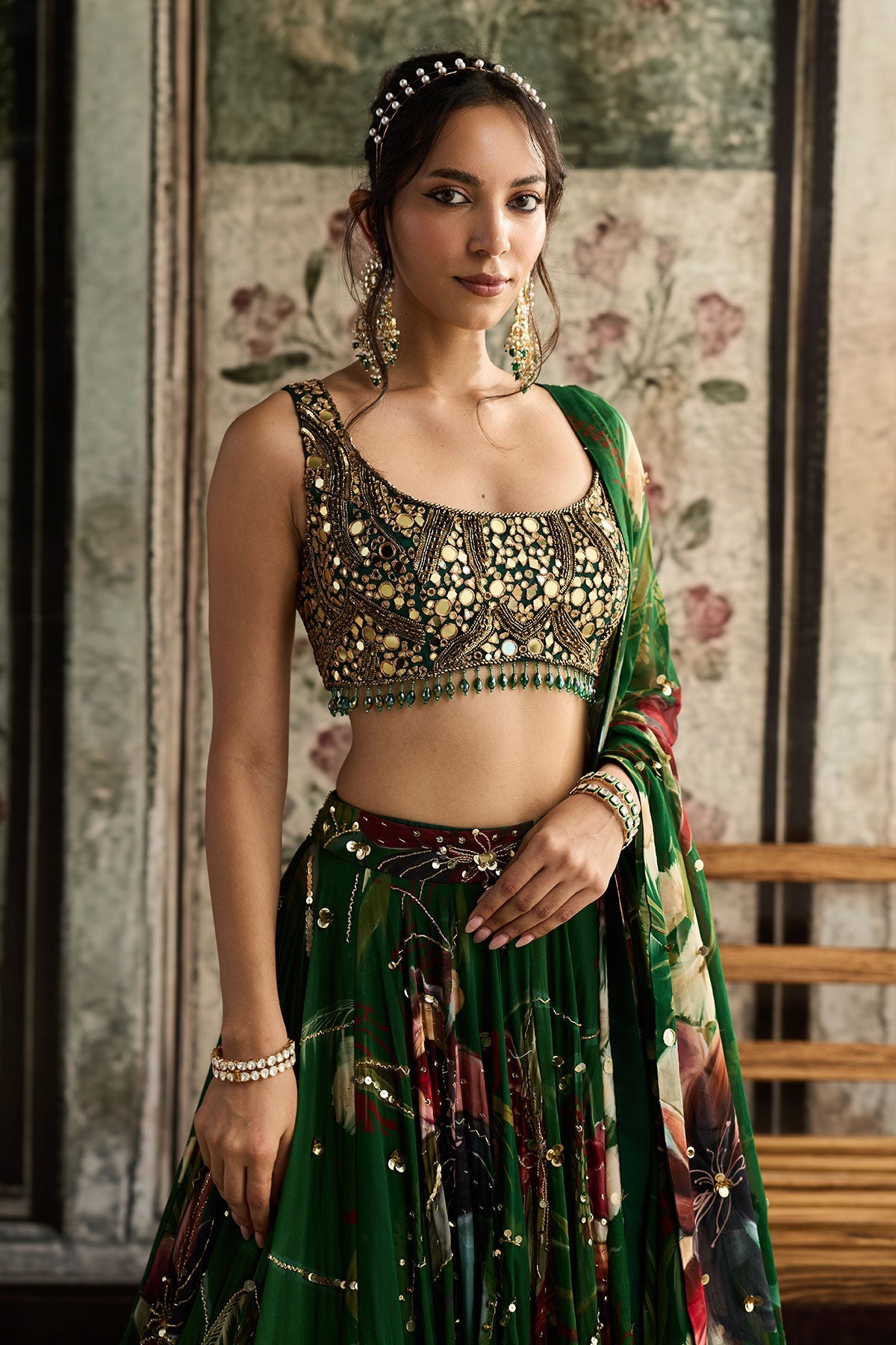 Green Floral Print And Highlighted Lehenga Set