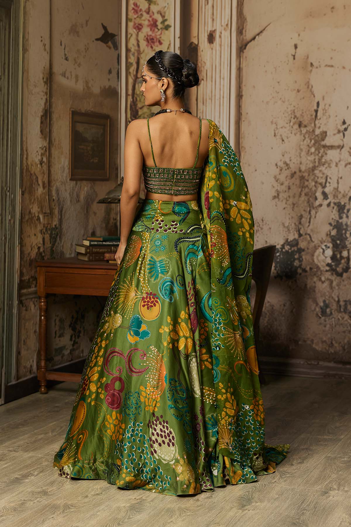 PEAR GREEN EMBROIDERED BLOUSE AND COWL SKIRT SET