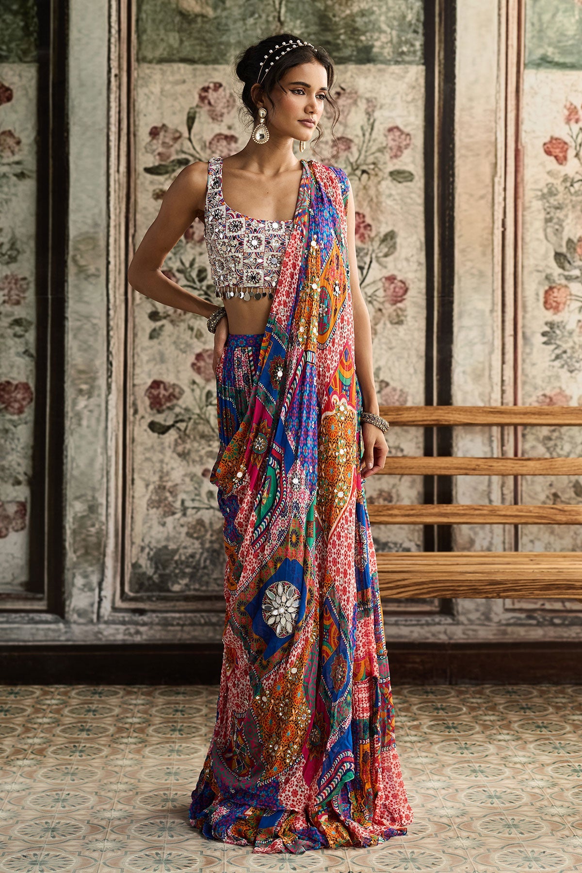 Multi-Color Print And Highlighted Square Neck Blouse With Tiered Skirt Saree Set