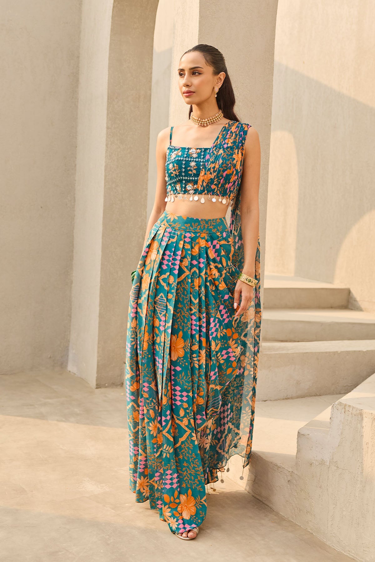 TEAL ABSTRACT FLORAL PRINTED SAREE SET