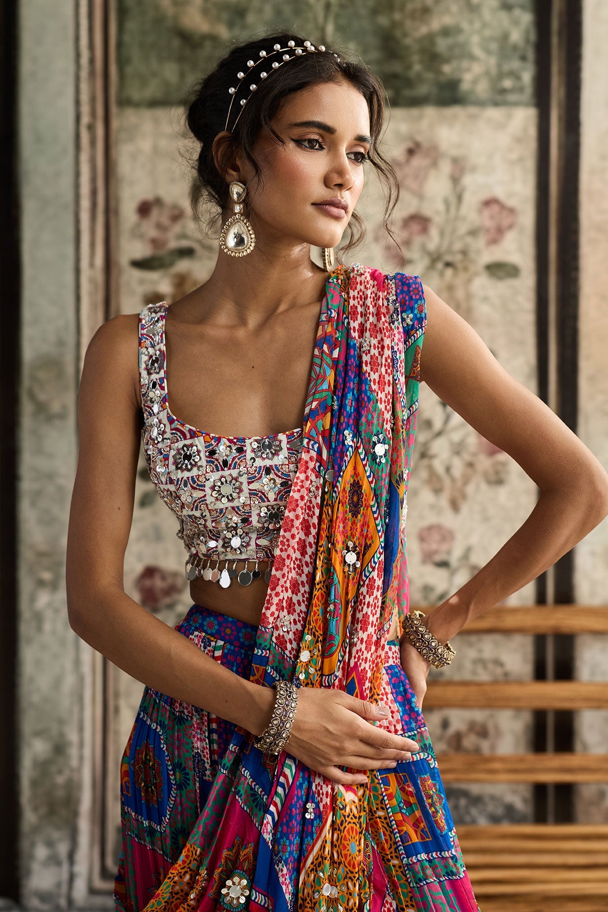 Multi-Color Print And Highlighted Square Neck Blouse With Tiered Skirt Saree Set - Ready To Ship