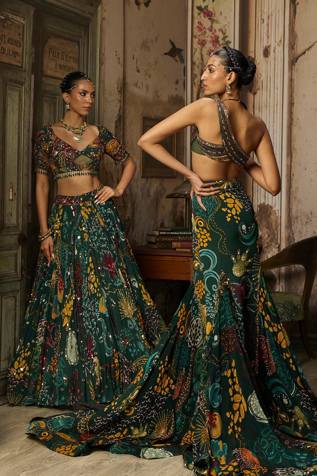 DARK GREEN EMBROIDERED BLOUSE AND FISHTAIL SKIRT SET