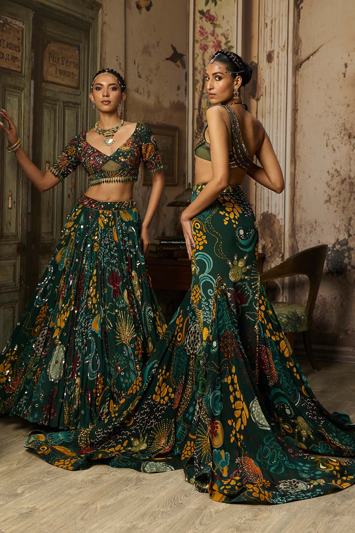 DARK GREEN PRINTED AND HIGHLIGHTED LEHENGA SET