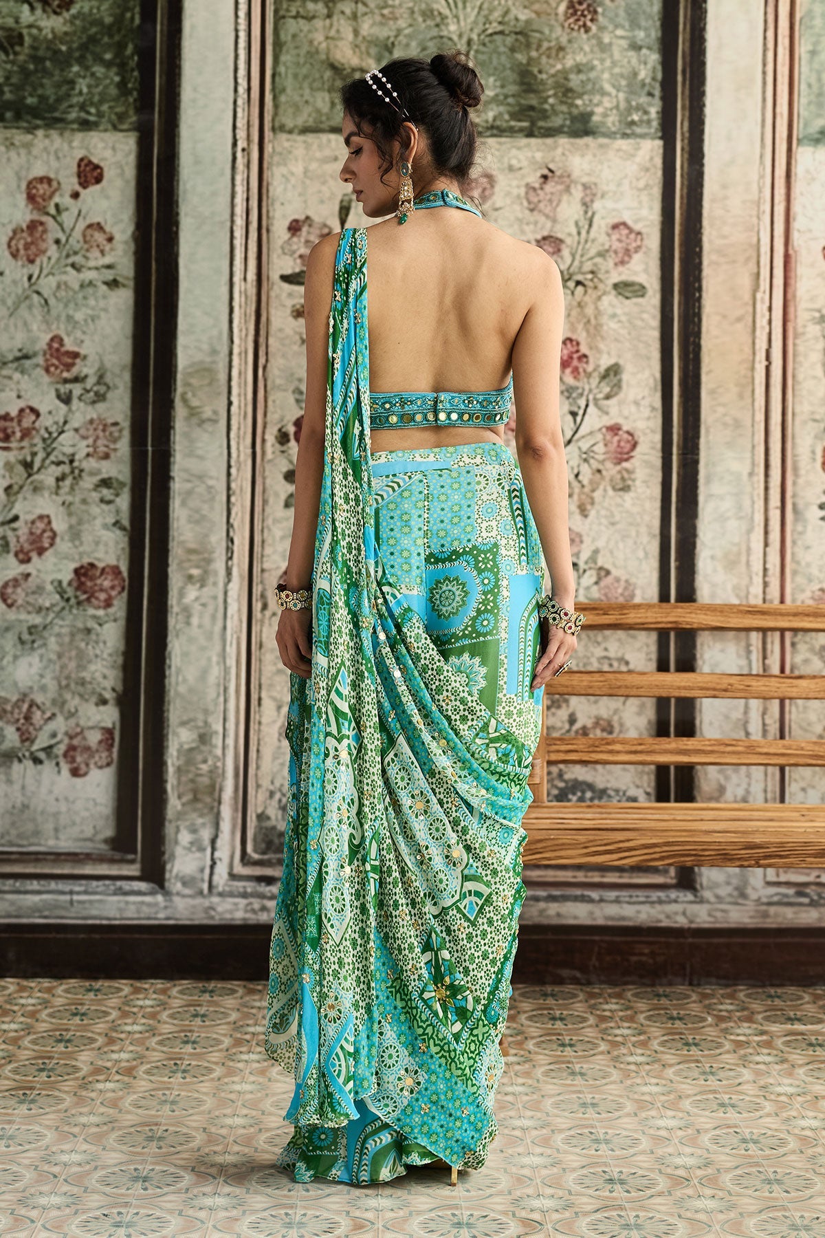 Aqua Embroidered Blouse And Aqua Print And Highlighted Drape Box Pleat Pant Saree