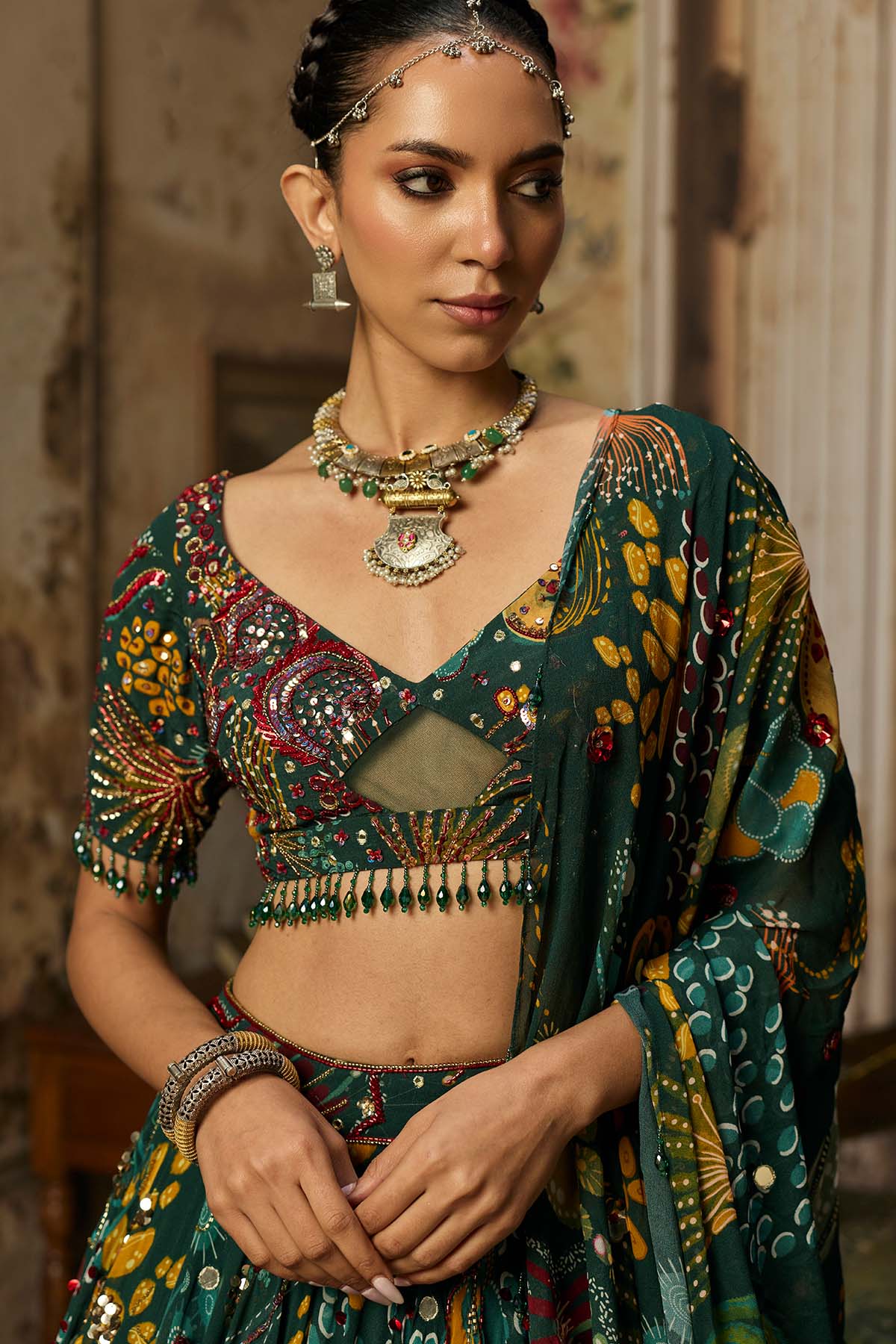 DARK GREEN PRINTED AND HIGHLIGHTED LEHENGA SET