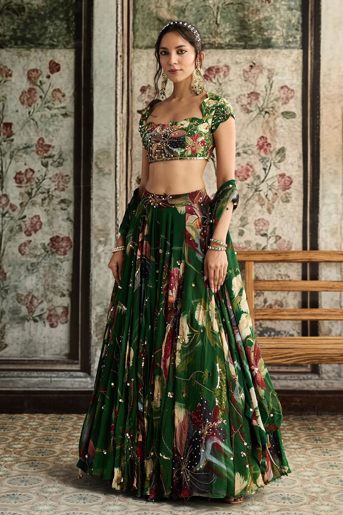 Green Floral Print And Highlighted Lehenga Set