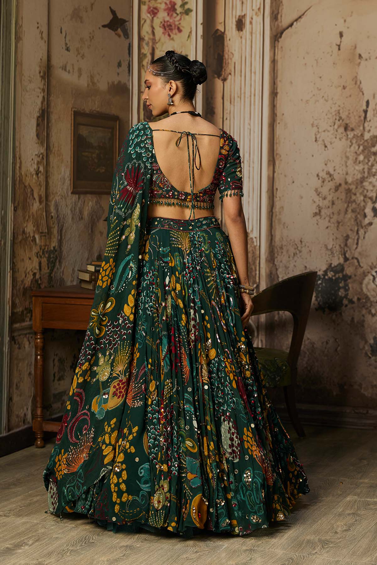 DARK GREEN PRINTED AND HIGHLIGHTED LEHENGA SET