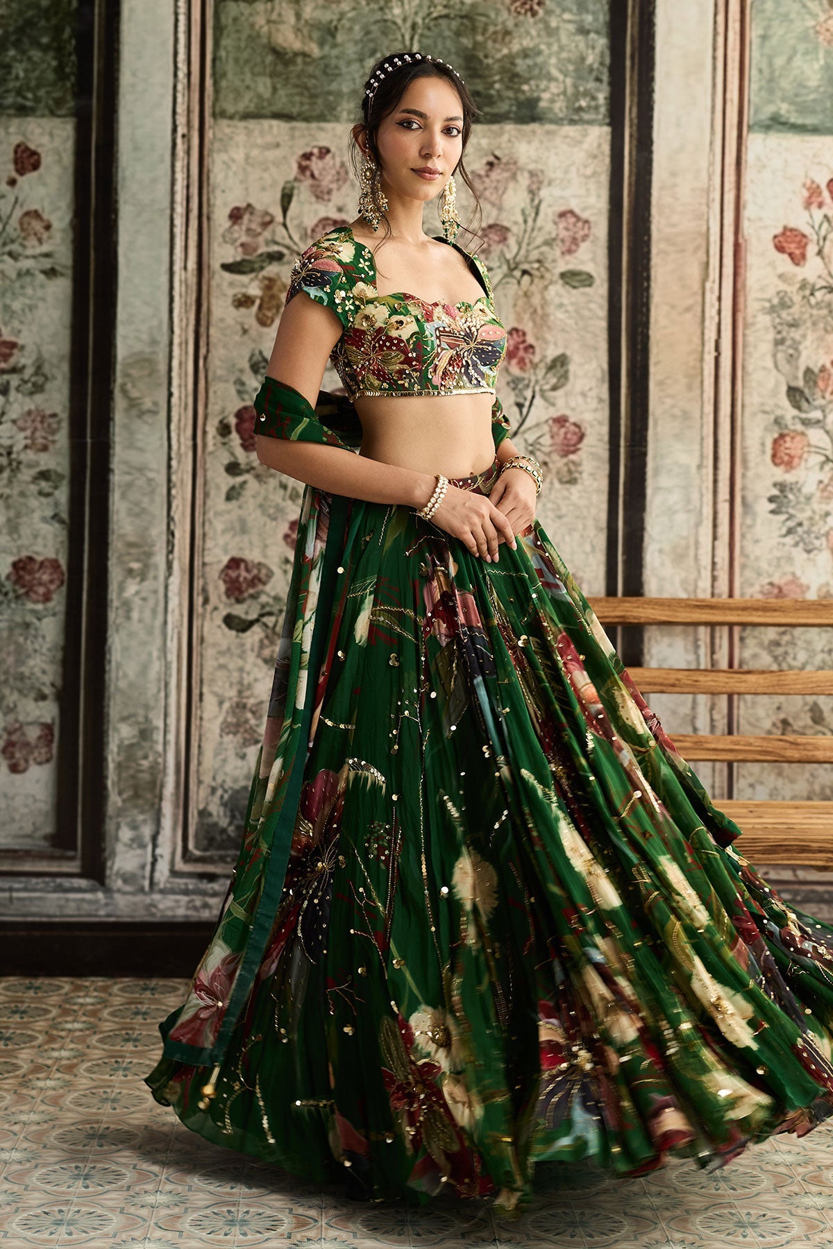 Green Floral Print And Highlighted Lehenga Set