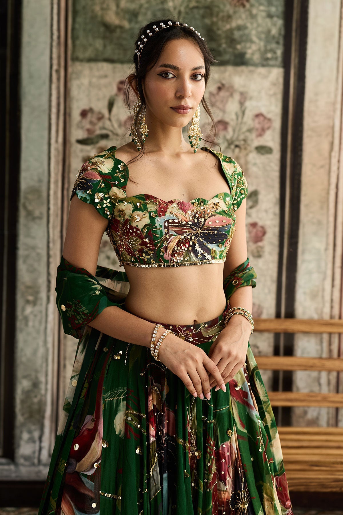 Green Floral Print And Highlighted Lehenga Set