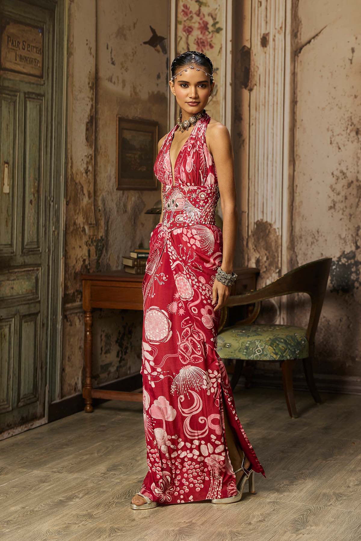 SCARLET RED PRINTED SLIT DRESS WITH HIGHLIGHTED CORSET BELT