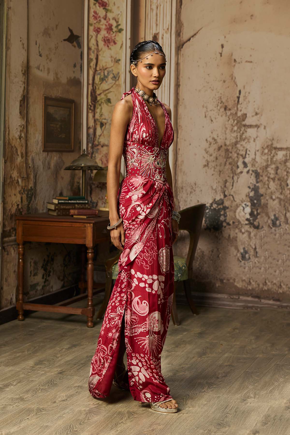 SCARLET RED PRINTED SLIT DRESS WITH HIGHLIGHTED CORSET BELT