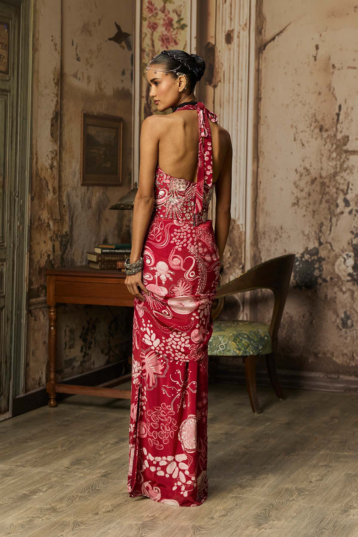 SCARLET RED PRINTED SLIT DRESS WITH HIGHLIGHTED CORSET BELT