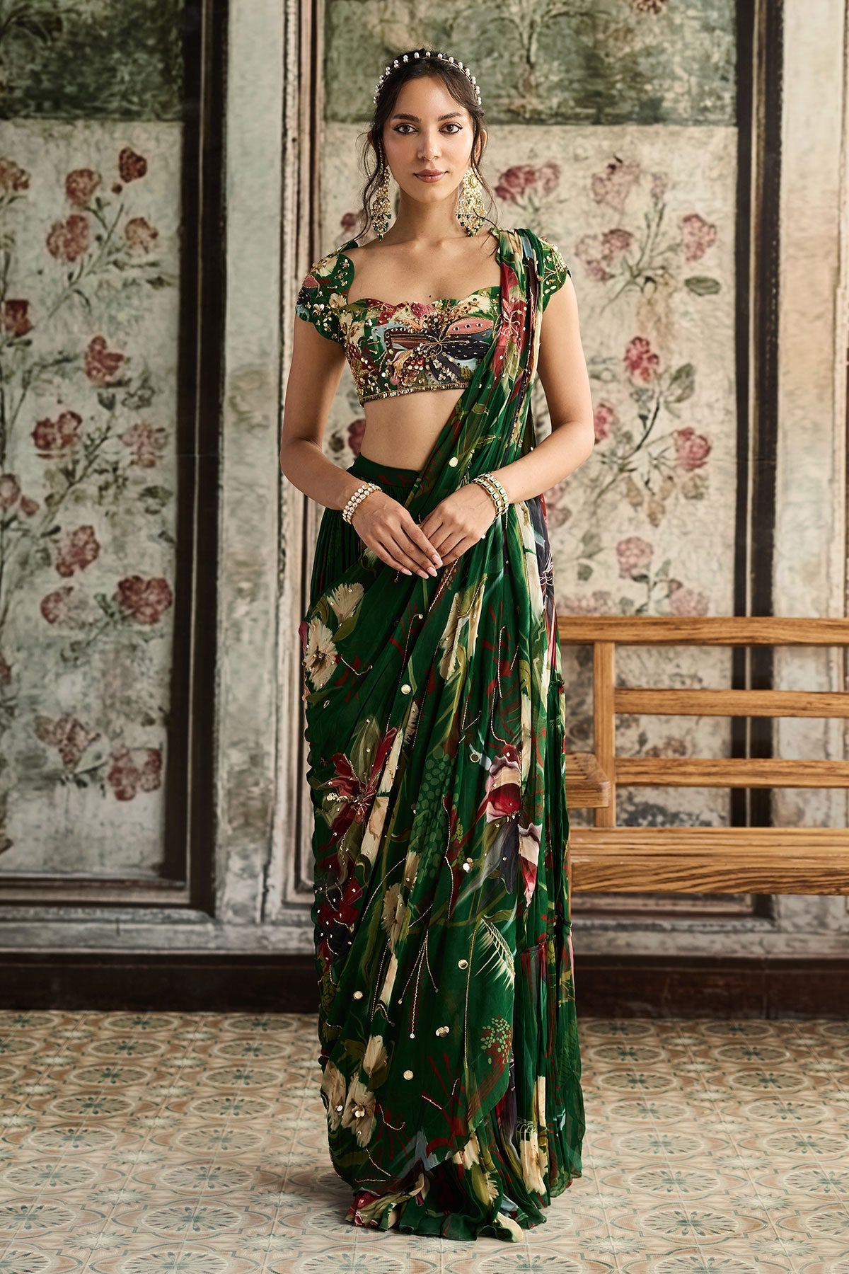 Green Floral Print And Highlighted Skirt Saree Set