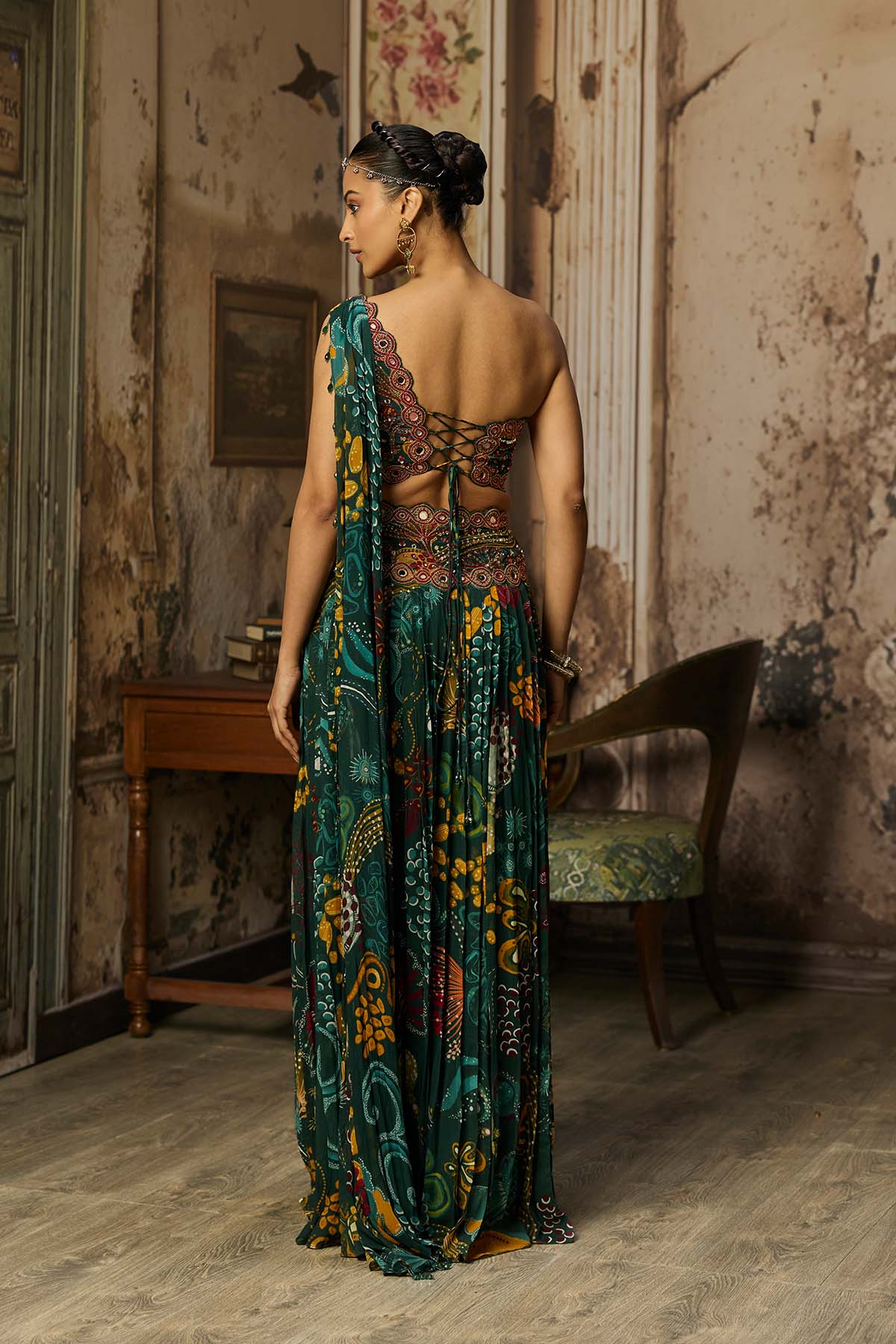 DARK GREEN PRINT AND HIGHLIGHTED PLEATED PANTS SET