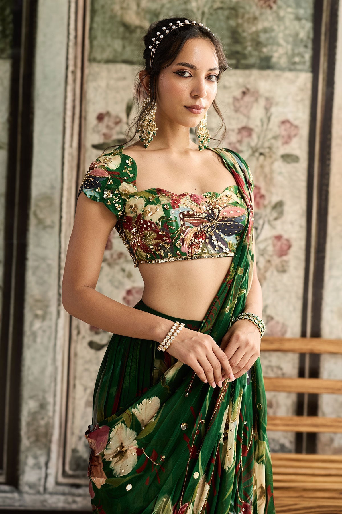 Green Floral Print And Highlighted Skirt Saree Set