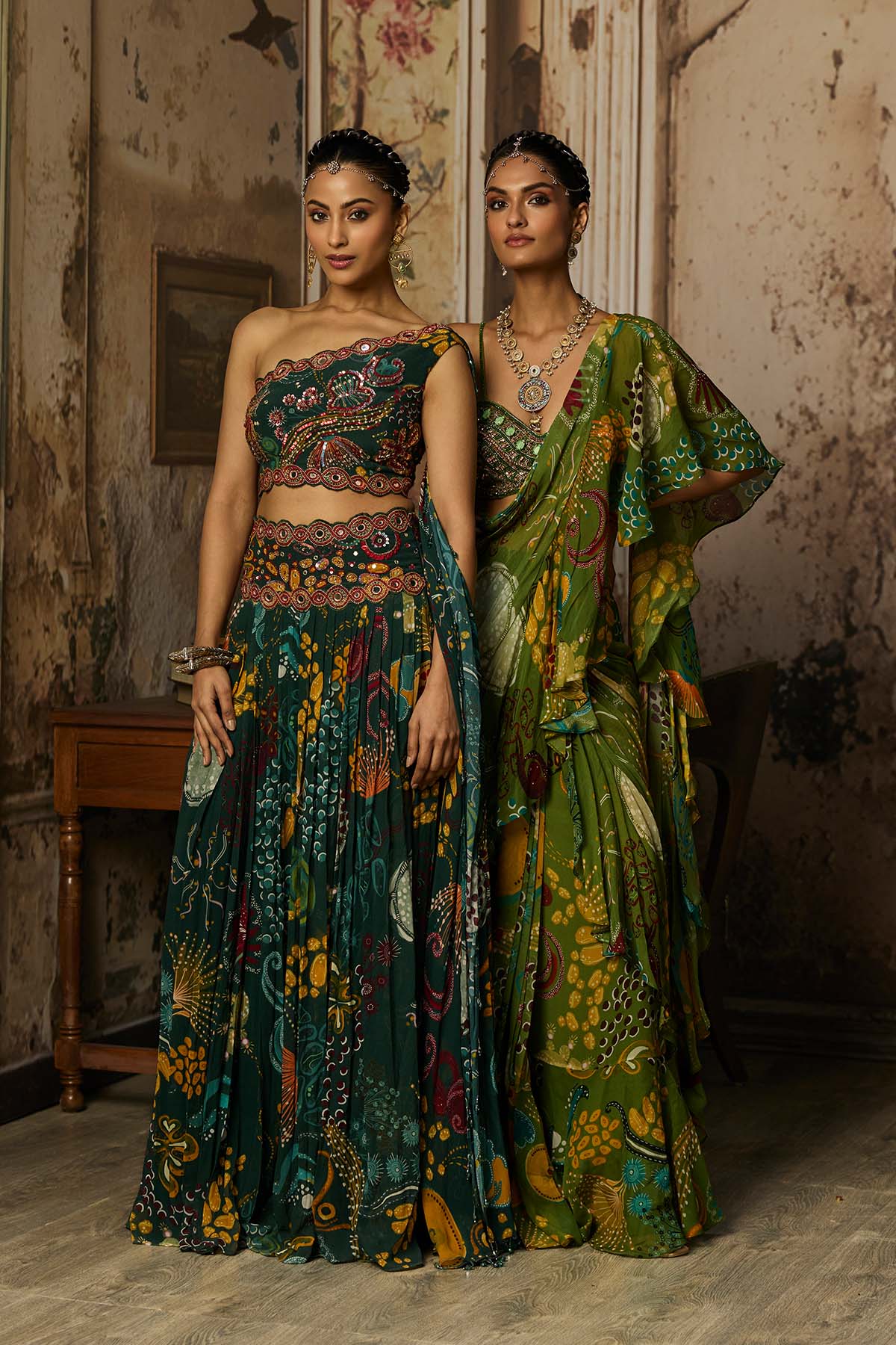 DARK GREEN PRINT AND HIGHLIGHTED PLEATED PANTS SET