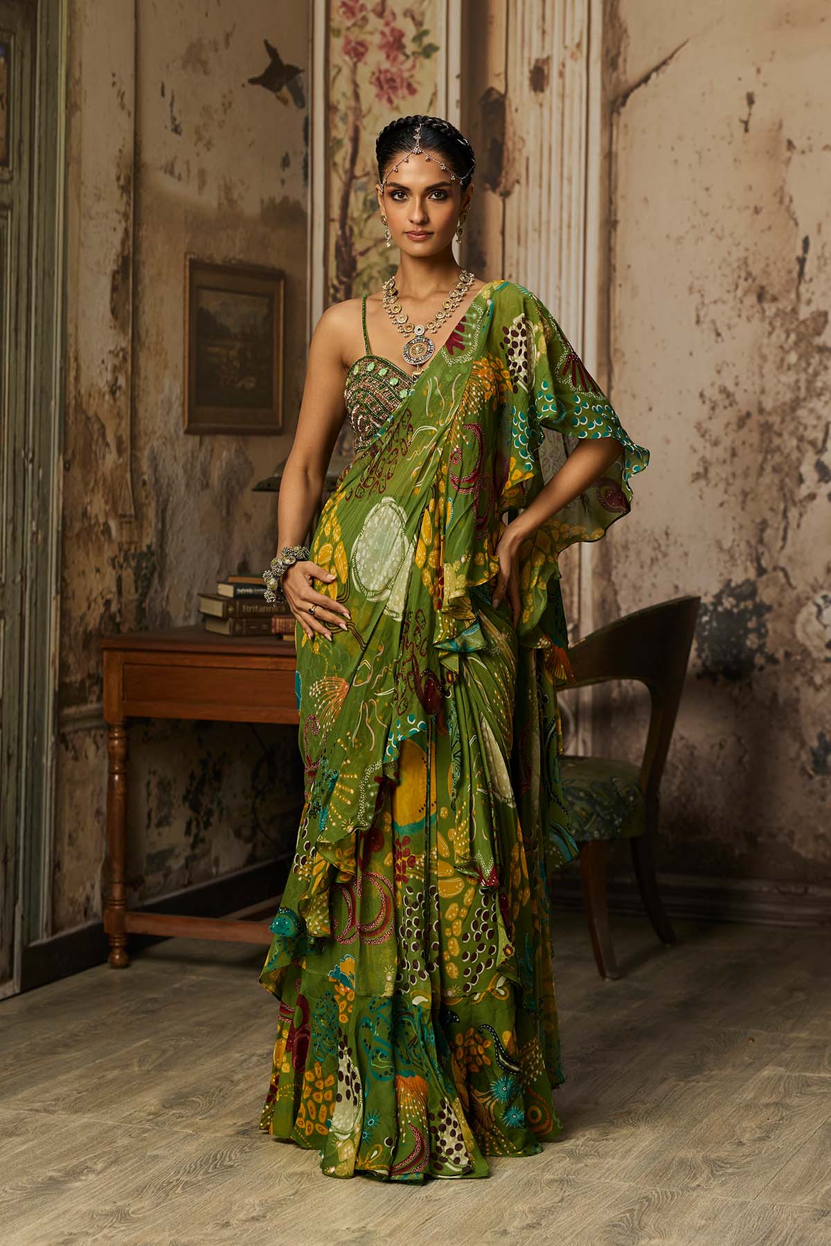 PEAR GREEN PRINTED AND HIGHLIGHTED RUFFLE SKIRT SAREE SET