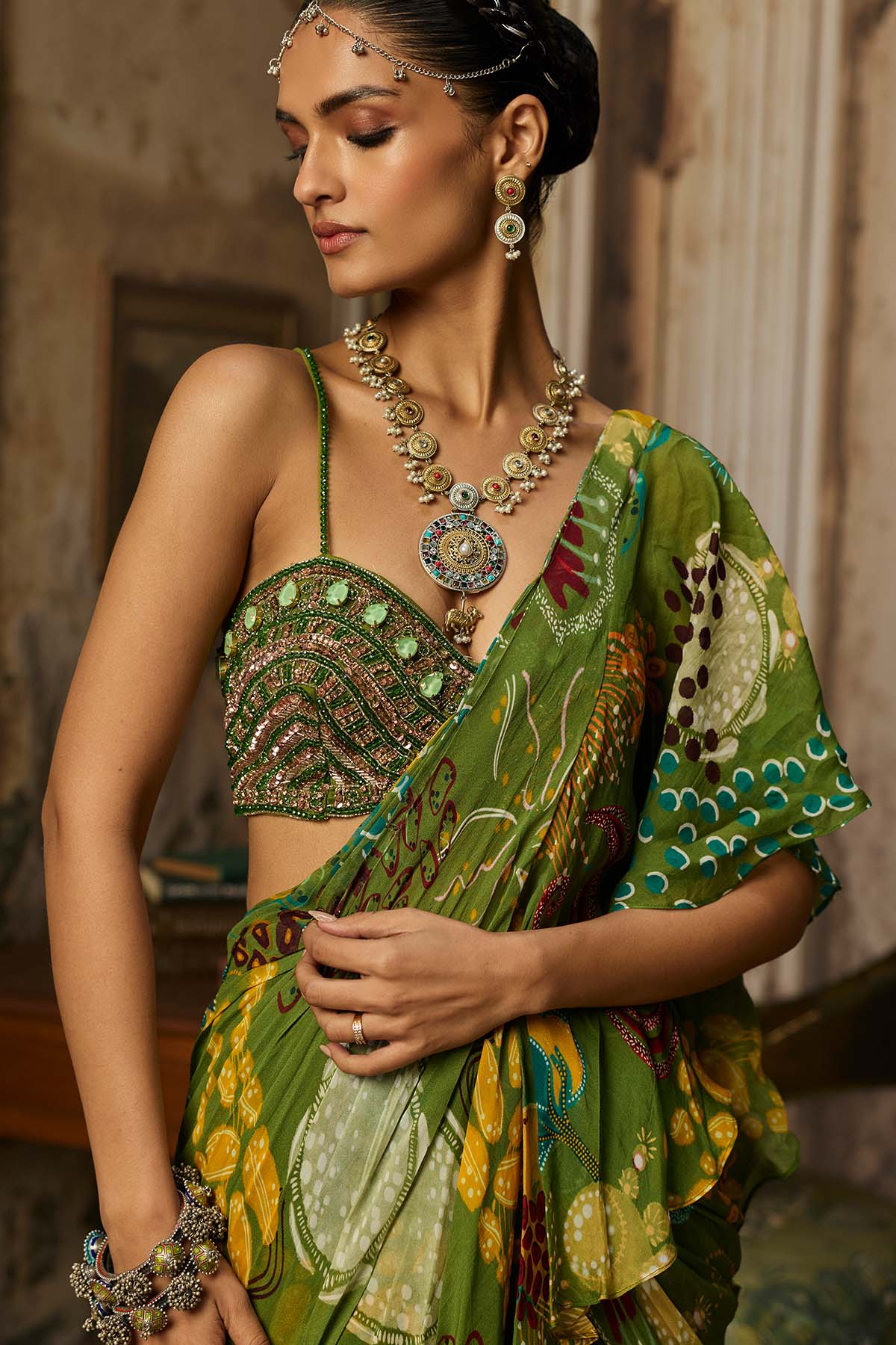 PEAR GREEN PRINTED AND HIGHLIGHTED RUFFLE SKIRT SAREE SET