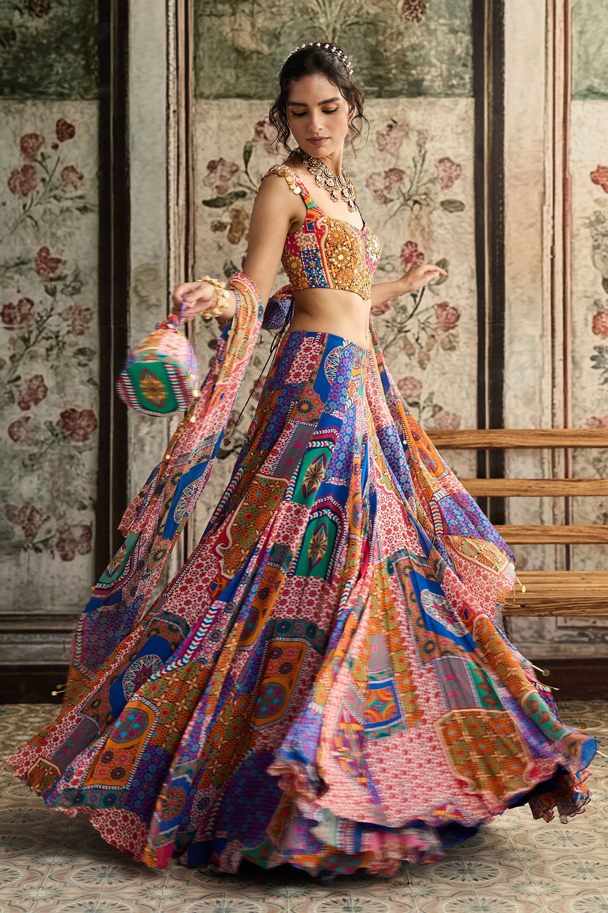 Multi-Color Print And Highlighted Criss-Cross Back Blouse With Godet Skirt Set