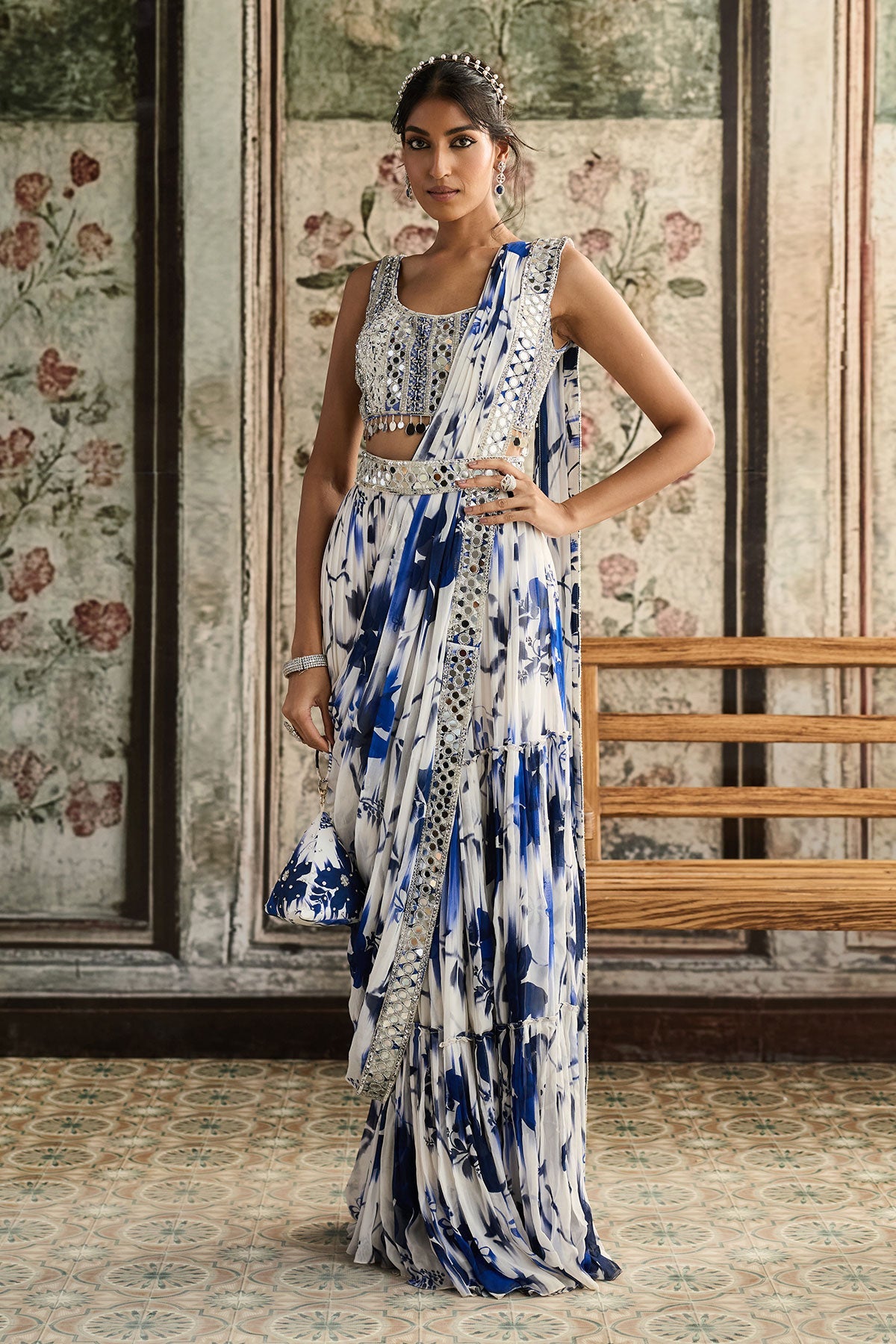 Ivory & Blue Floral Print And Highlighted Border Skirt Saree Set