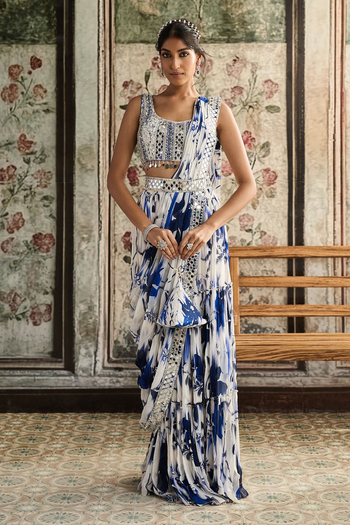 Ivory & Blue Floral Print And Highlighted Border Skirt Saree Set