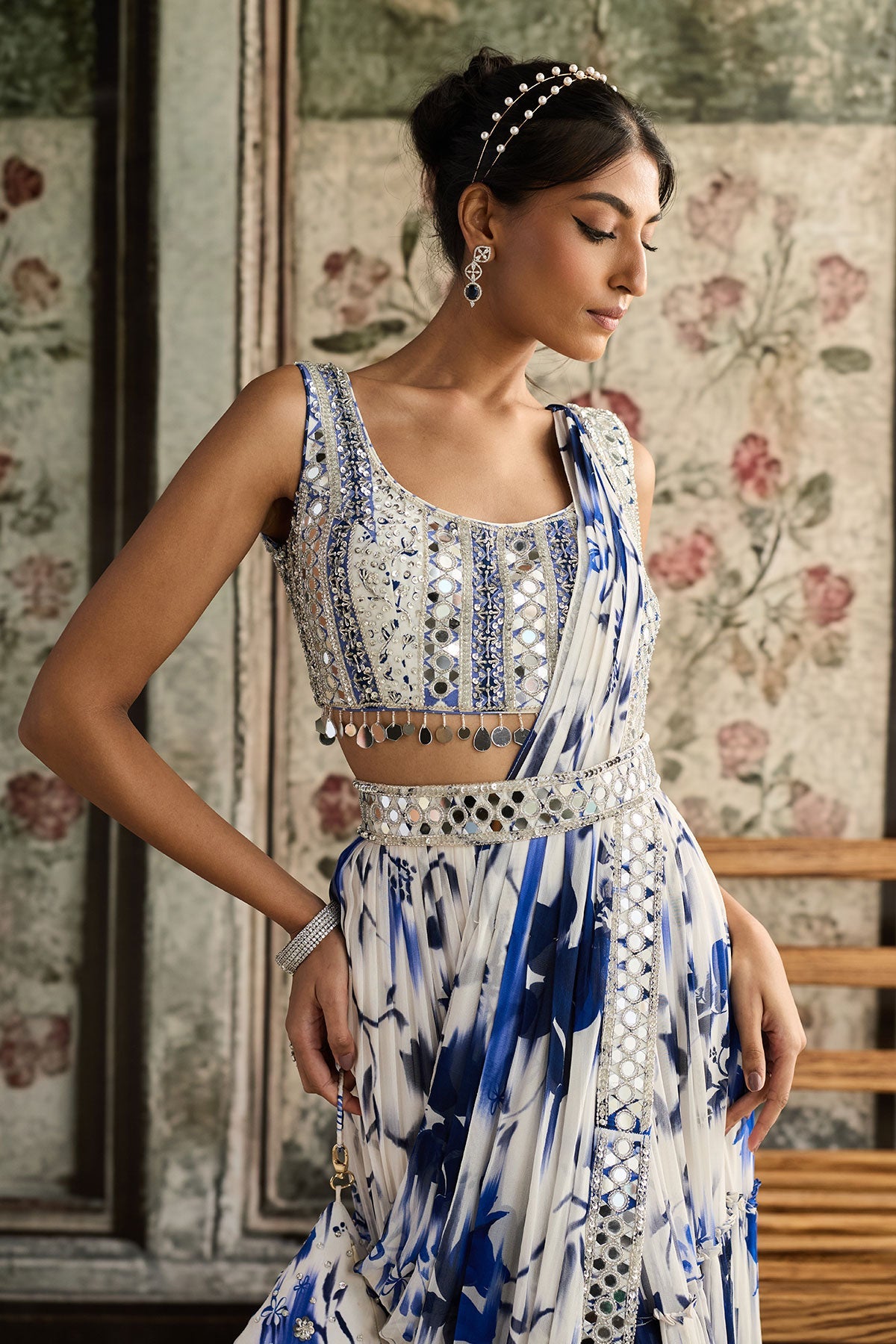 Ivory & Blue Floral Print And Highlighted Border Skirt Saree Set