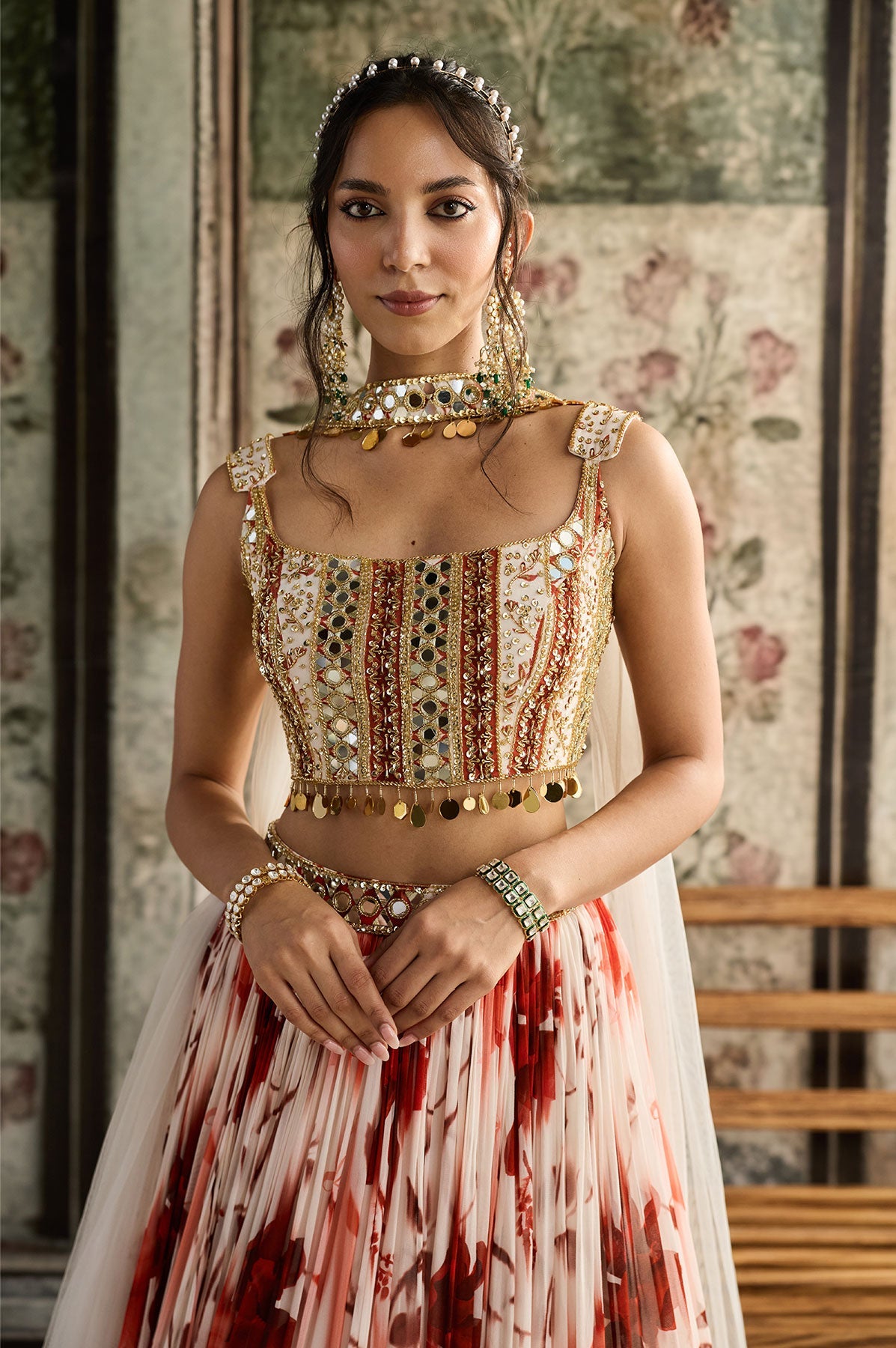 Ivory & Rust Floral Printed Lehenga Set