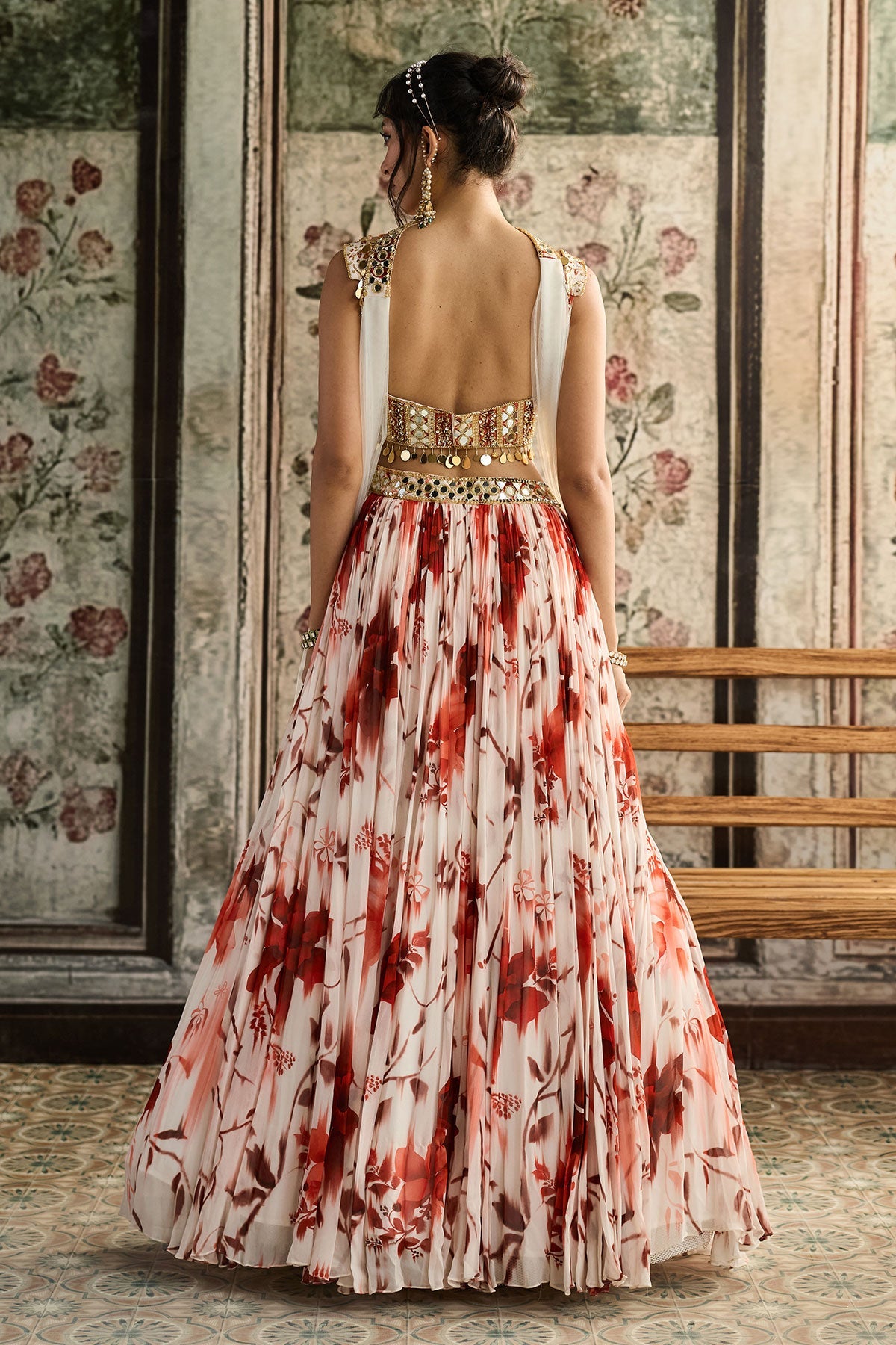 Ivory & Rust Floral Printed Lehenga Set
