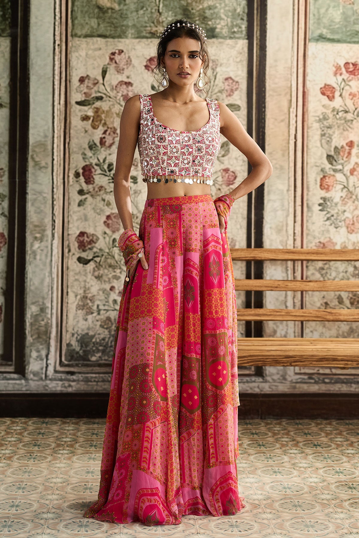 Ivory Butta Print And Highlighted Square Neck Blouse With Yellow-Fuschia Print Sharara Set