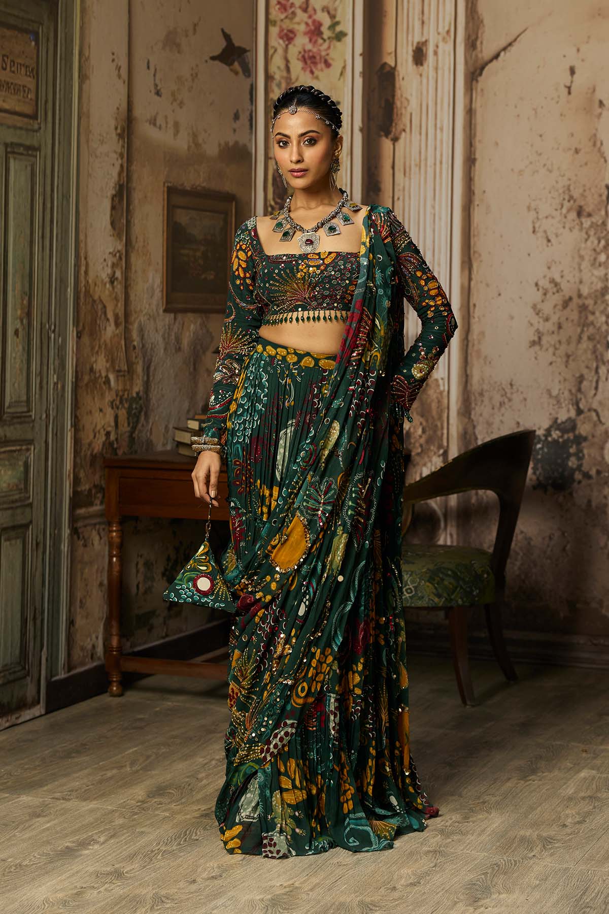 DARK GREEN PRINTED AND HIGHLIGHTED TIERED SKIRT SAREE SET