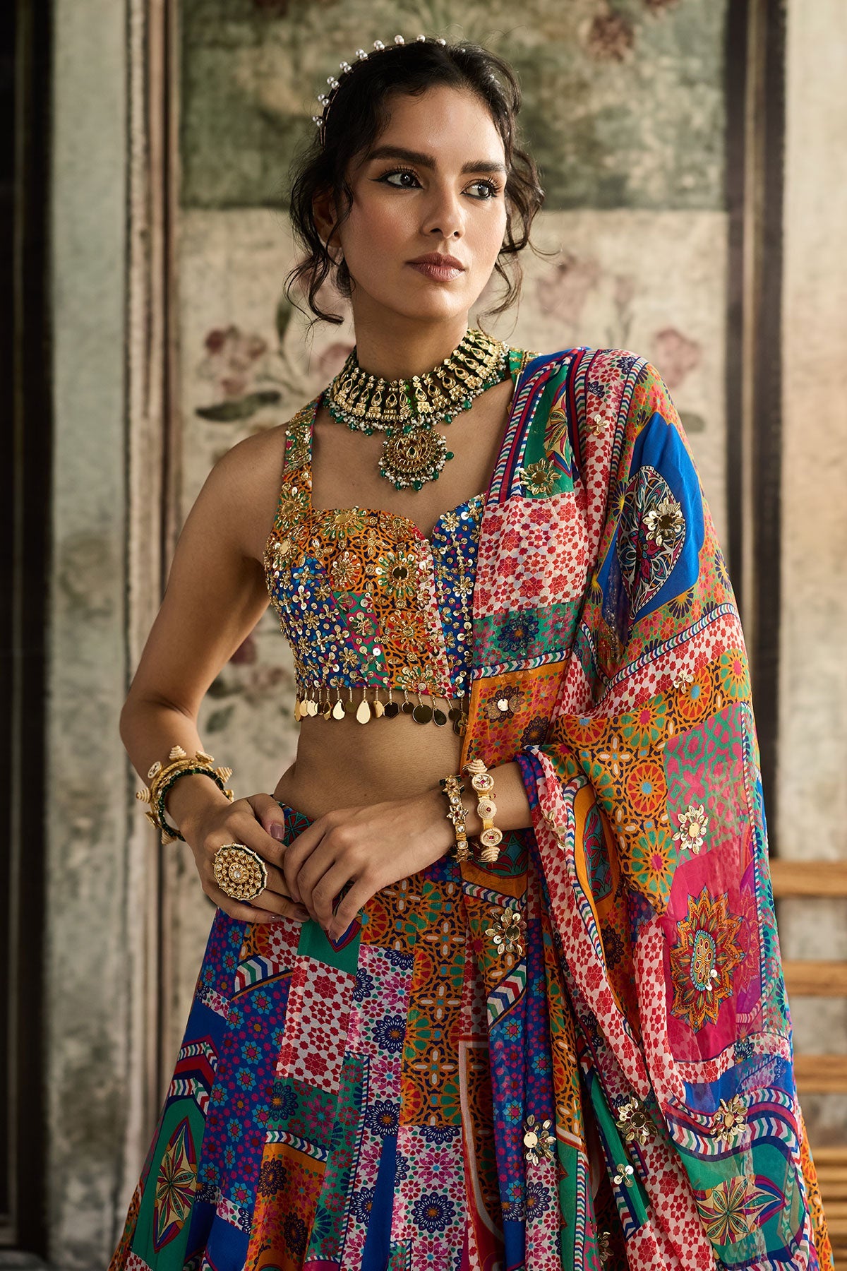 Multi-Color Print And Highlighted Racerback Blouse With Godet Skirt Set