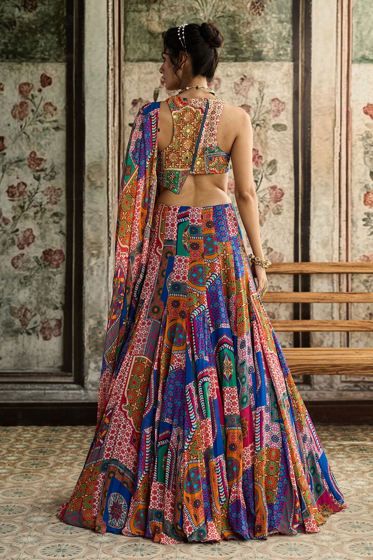 Multi-Color Print And Highlighted Racerback Blouse With Godet Skirt Set