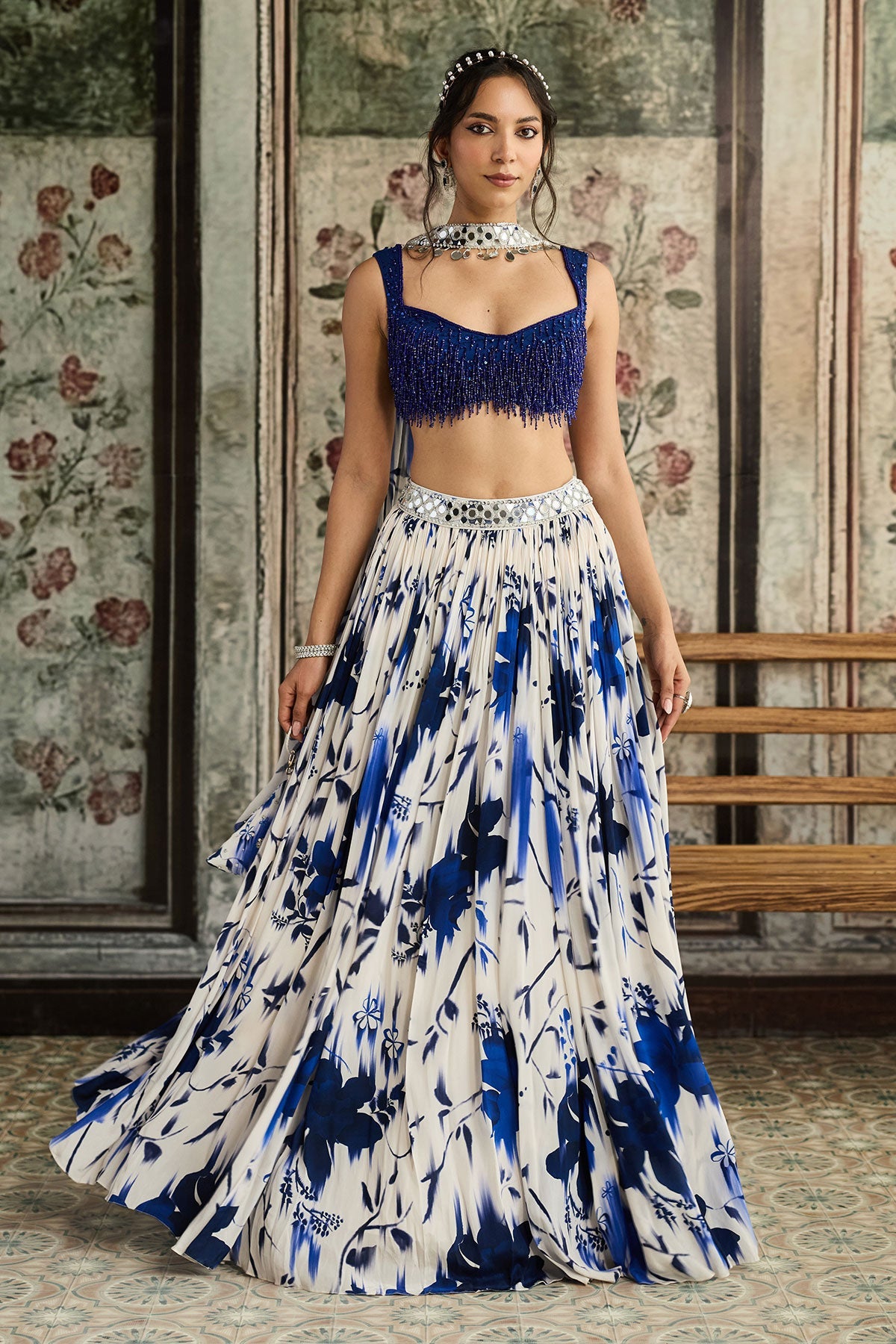 Ivory & Blue Floral Printed Lehenga Set