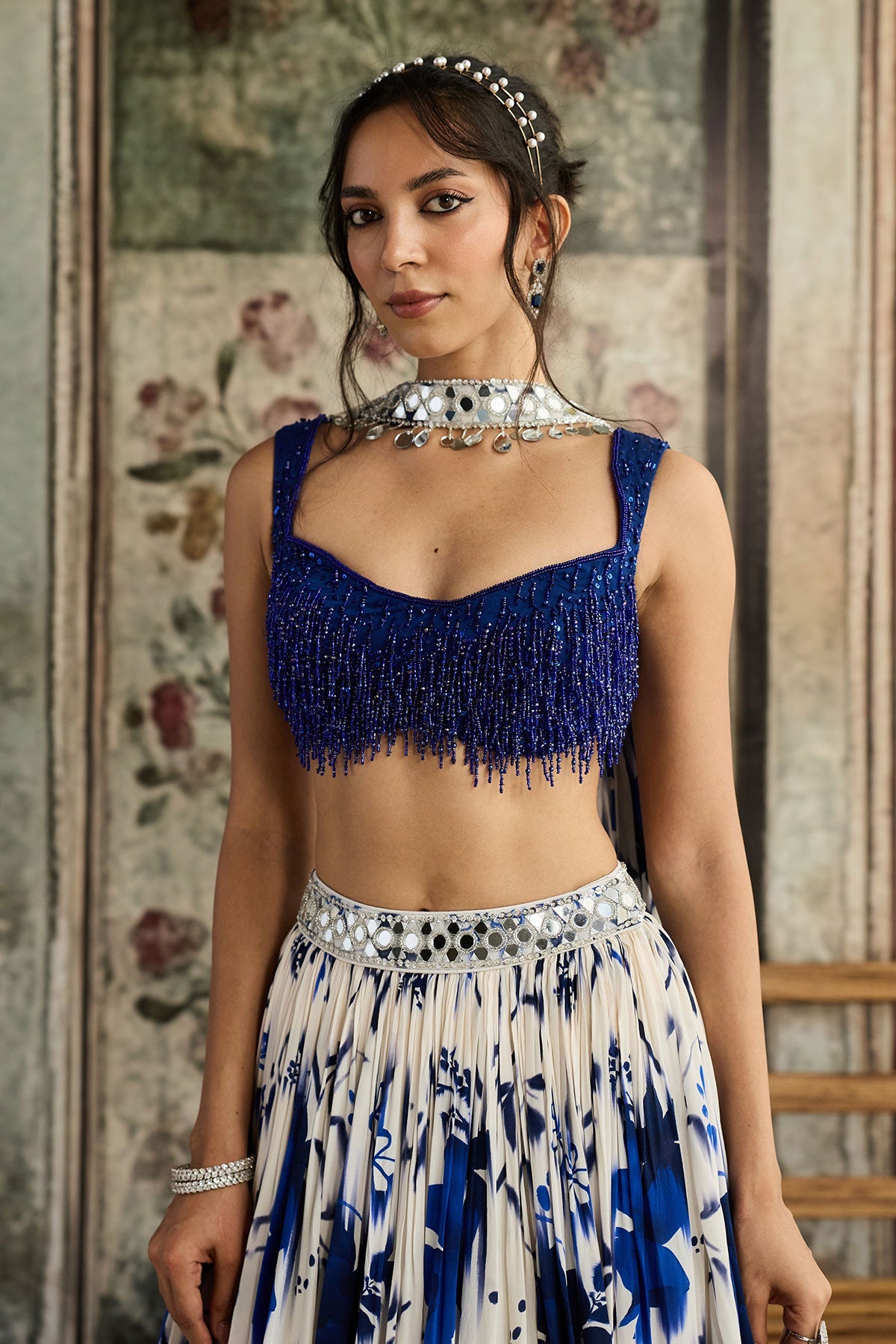 Ivory & Blue Floral Printed Lehenga Set