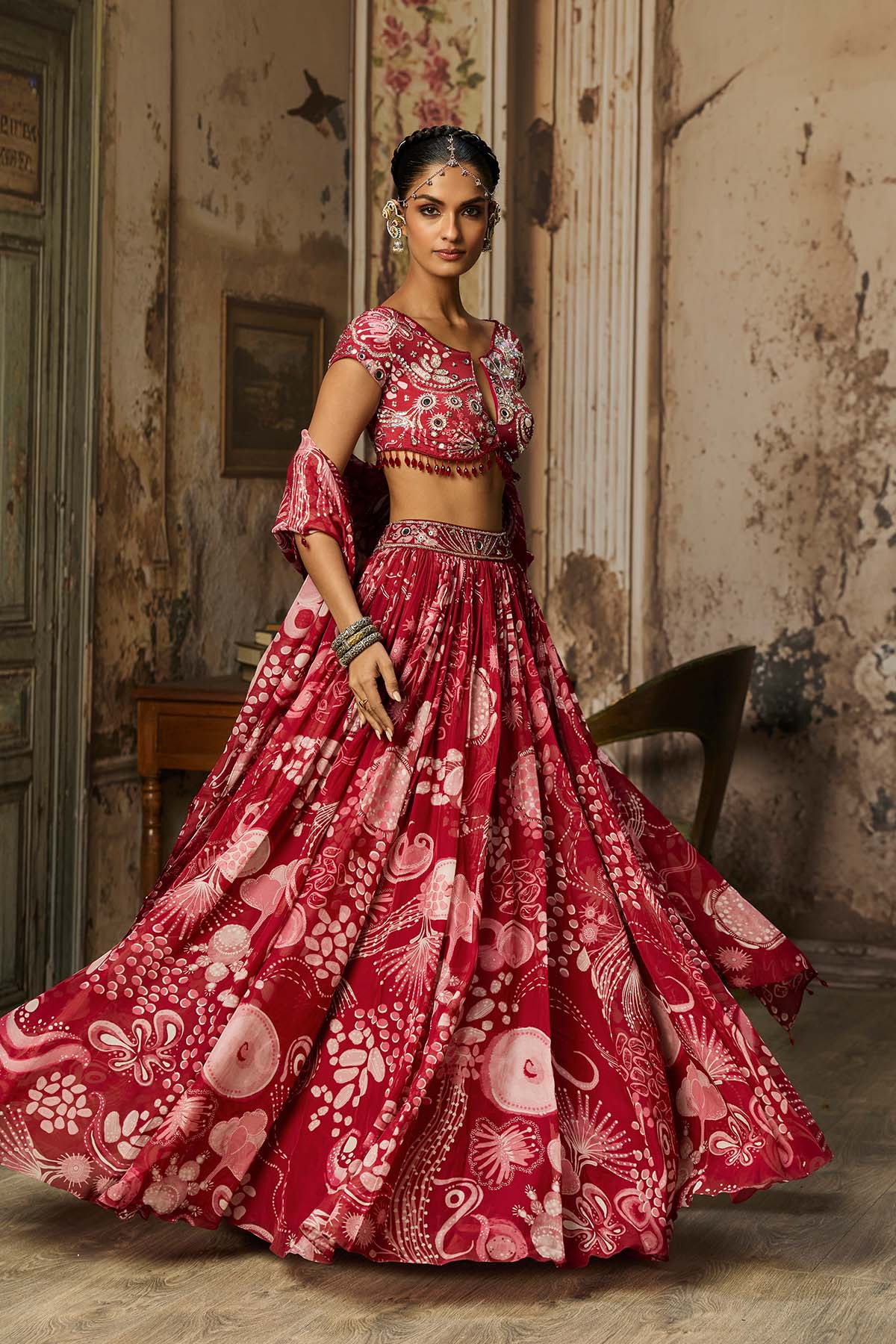 SCARLET RED PRINTED AND HIGHLIGHTED LEHENGA SET