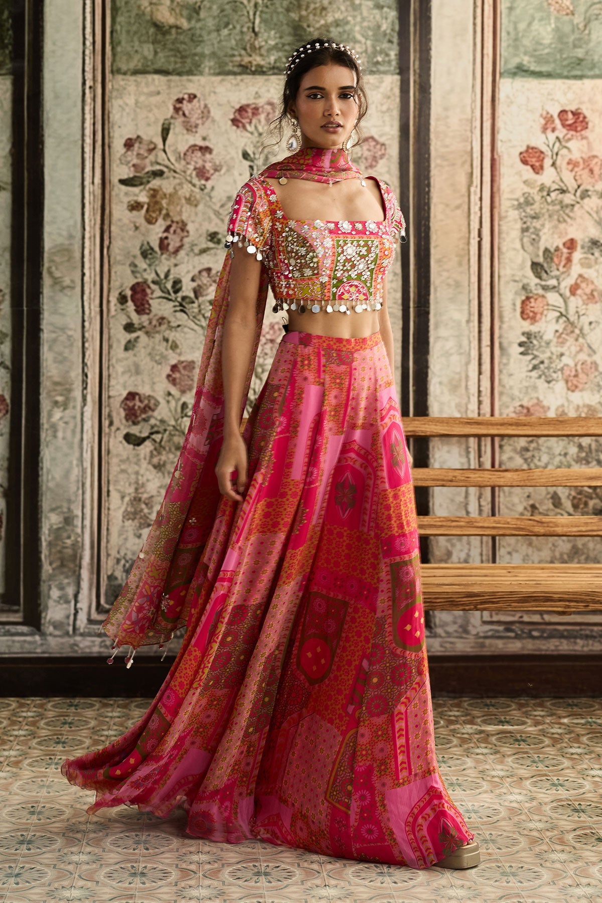 Yellow-Fuschia Print And Highlighted Sharara Set