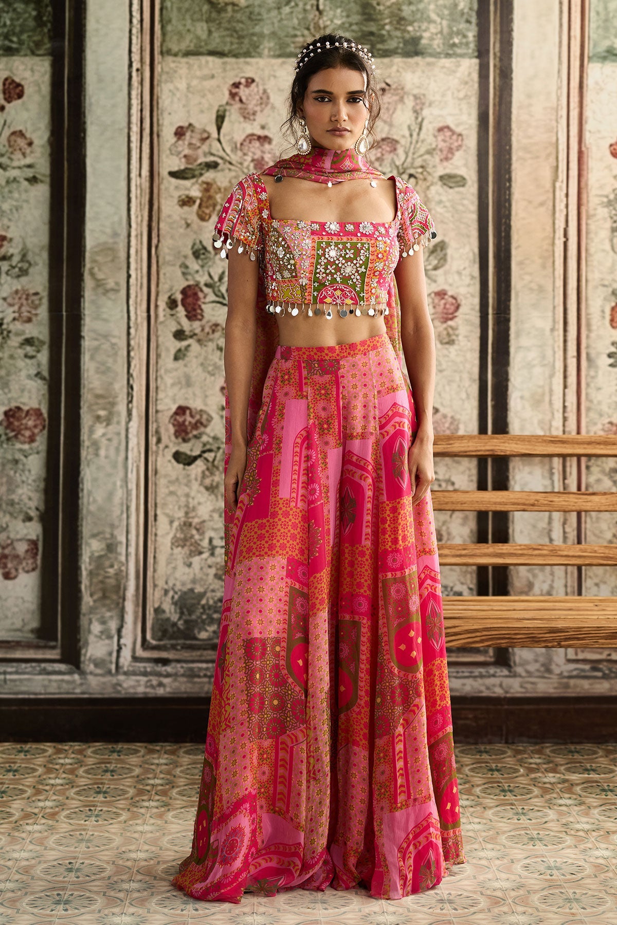 Yellow-Fuschia Print And Highlighted Sharara Set