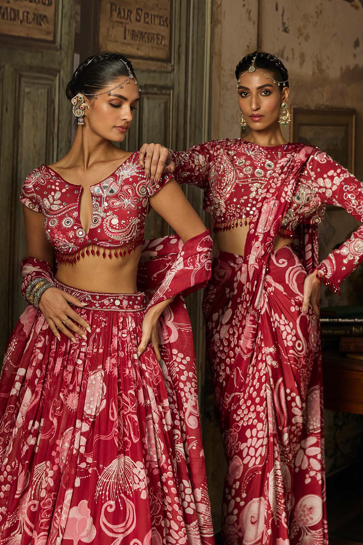 SCARLET RED PRINTED AND HIGHLIGHTED DHOTI SKIRT SAREE SET