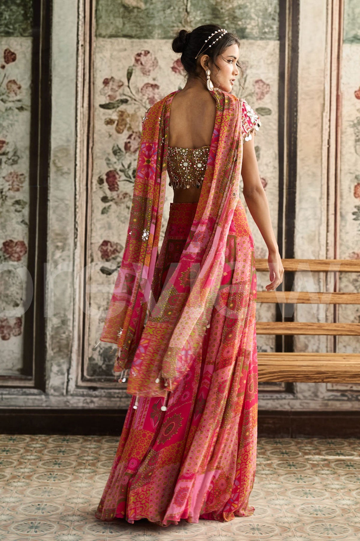 Yellow-Fuschia Print And Highlighted Sharara Set
